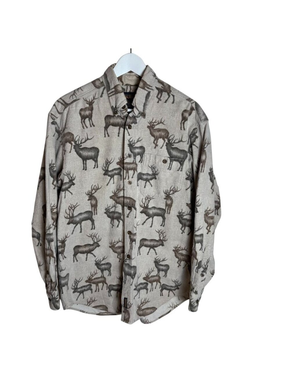 Vintage 90s Woolrich Tan Deer-Pattern Flannel Shirt, Size Large